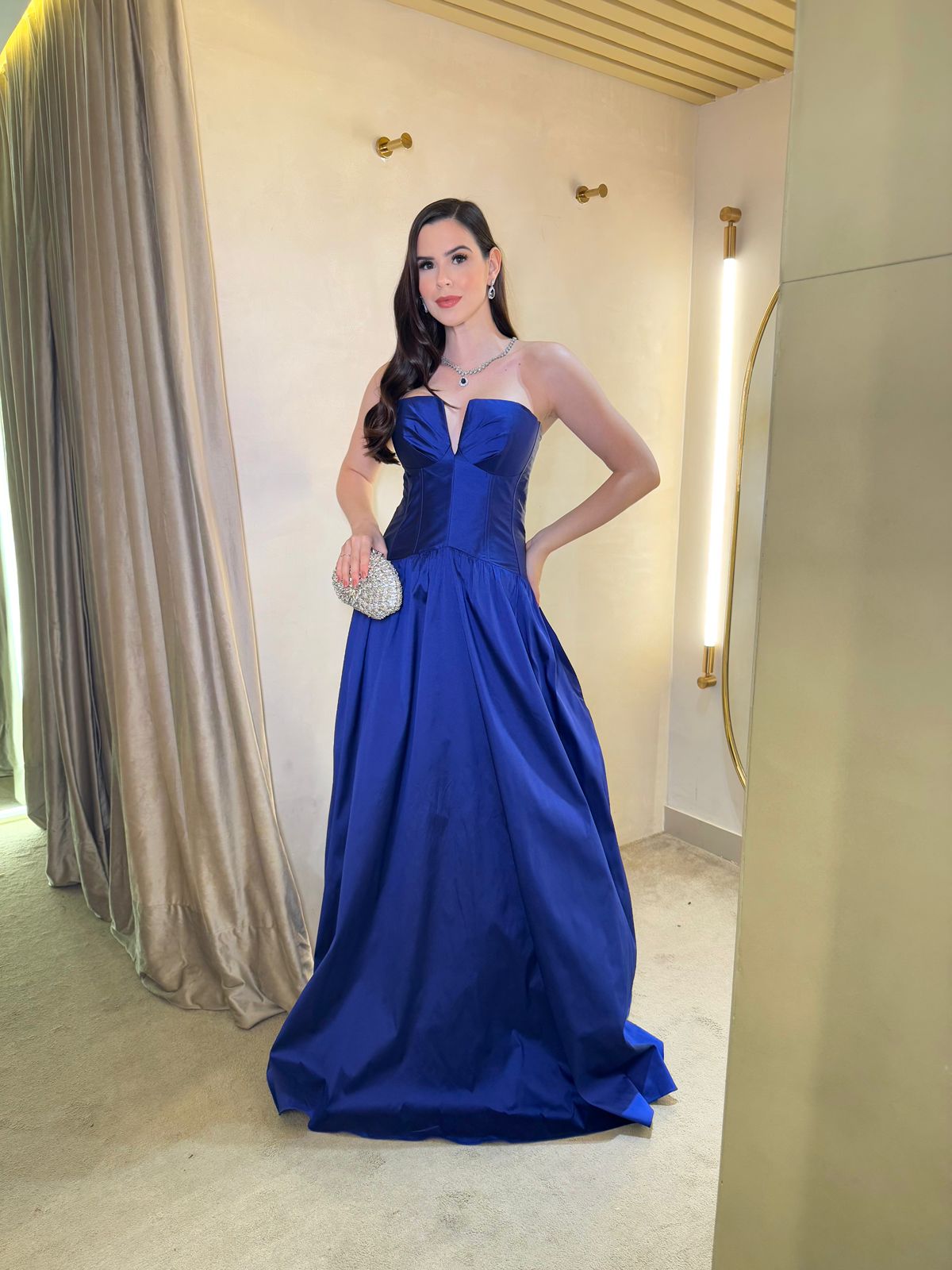 Vestido Azul royal cintura baixa de alfaiataria