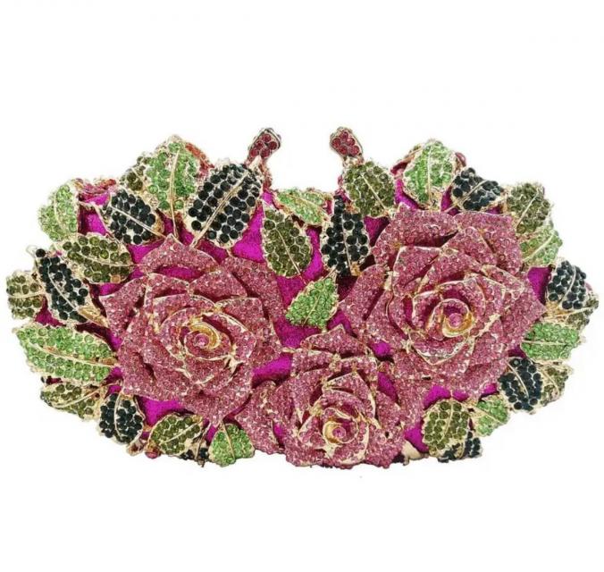 Clutch pedraria rose com verde em formato de flor